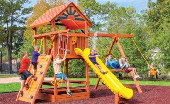 5.8 Bengal Fort Swing Set with Slide, Picnic Table, Rock Wall, and Rope Swing - Config 2