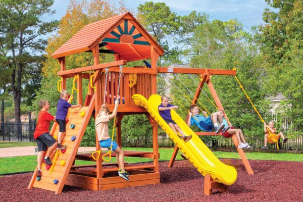 5.8 Bengal Fort Swing Set with Slide, Picnic Table, Rock Wall, and Rope Swing - Config 2