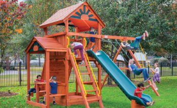 5.8 Bengal Fort Swing Set with Slide, Picnic Table, Rock Wall, Snack Bar, and Rope Swing - Config 2