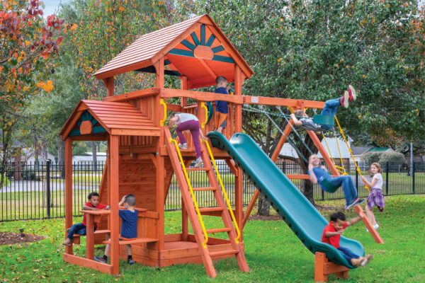 5.8 Bengal Fort Swing Set with Slide, Picnic Table, Rock Wall, Snack Bar, and Rope Swing - Config 2