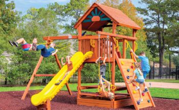 5.8 Bengal Fort Swing Set for Small Backyards with Slide, Picnic Table, Rock Wall