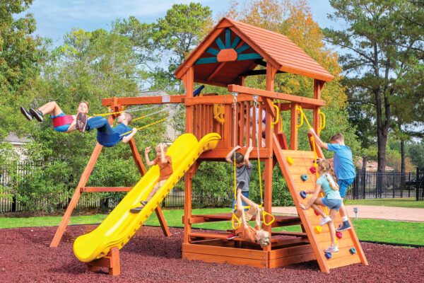 5.8 Bengal Fort Swing Set for Small Backyards with Slide, Picnic Table, Rock Wall