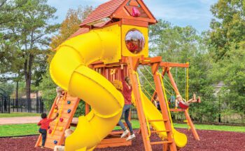5.8 Bengal Fort Swing Set with Slide, Picnic Table, Rock Wall, Loft, Spiral Slide, and Rope Swing - Config 5