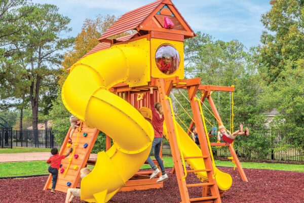 5.8 Bengal Fort Swing Set with Slide, Picnic Table, Rock Wall, Loft, Spiral Slide, and Rope Swing - Config 5