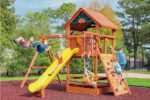 5.8 Bengal Fort Swing Set for Small Backyards with Slide, Picnic Table, Rock Wall