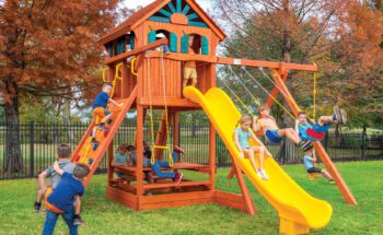 6.5 Bengal Fort Swing Set with Wood Roof, Treehouse Panels, Scoop Slide, Picnic Table, Rock Wall, and Rope Swing