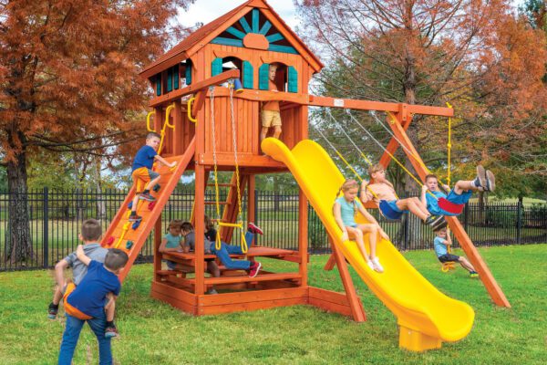 6.5 Bengal Fort Swing Set with Wood Roof, Treehouse Panels, Scoop Slide, Picnic Table, Rock Wall, and Rope Swing