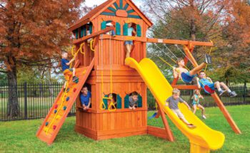 6.5 Bengal Fort Swing Set with Wood Roof, Treehouse & Playhouse Panels, Scoop Slide, Picnic Table, Rock Wall, and Rope Swing