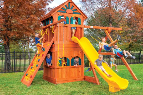 6.5 Bengal Fort Swing Set with Wood Roof, Treehouse & Playhouse Panels, Scoop Slide, Picnic Table, Rock Wall, and Rope Swing