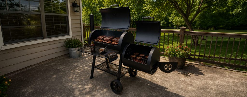 Offset firebox on the Smokehaus wood-fired smoker and grill