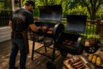 Backyard pitmaster smoking meat on a Smokehaus offset smoker